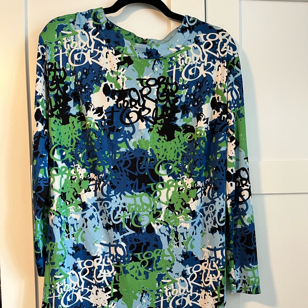 3 for $100! Tory Burch Blue and Green Long Sleeve Jersey Graffiti Dress